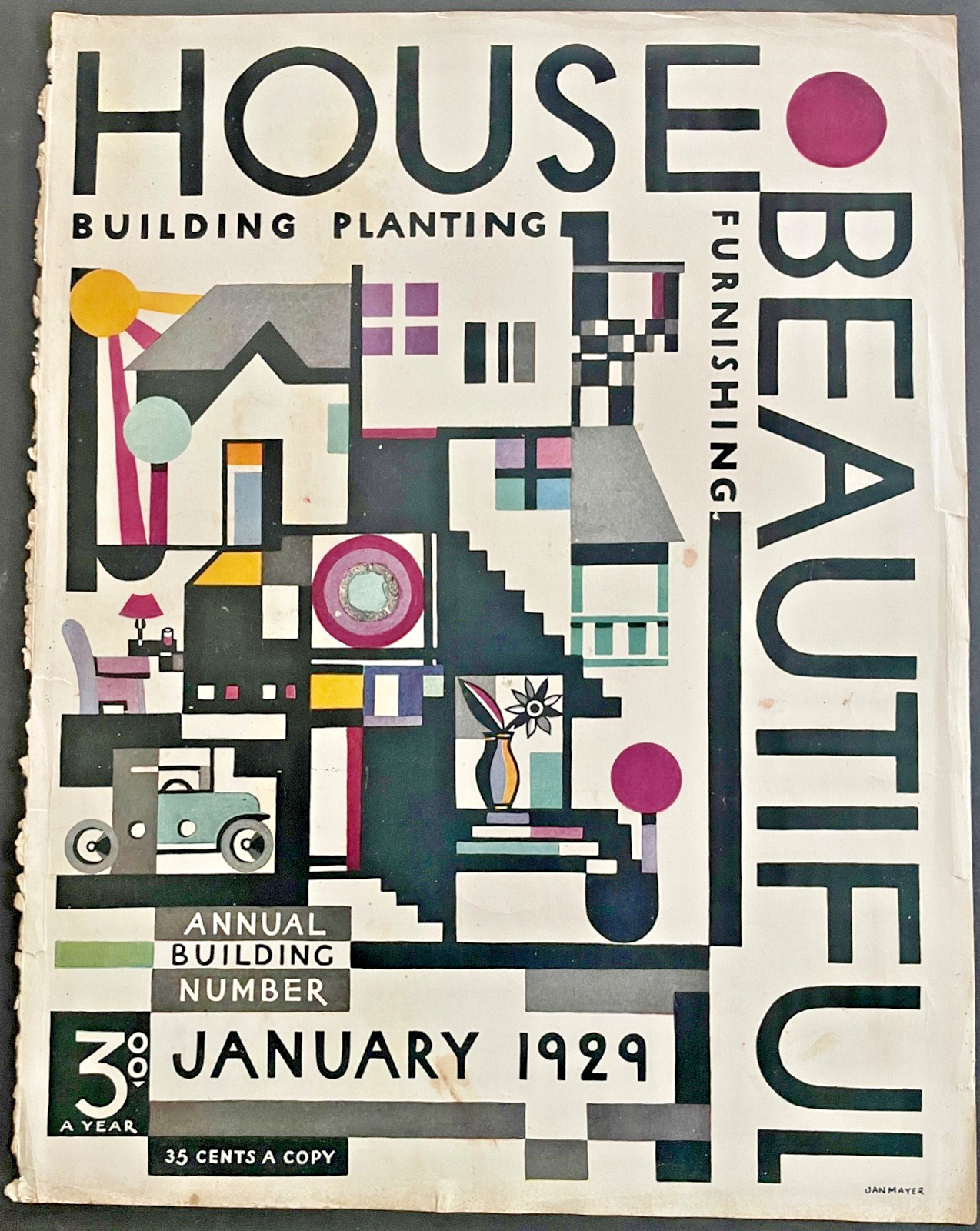 Antique Cover Only HOUSE BEAUTIFUL Jan. 1929 Art Deco by Jan Mayer Unusual