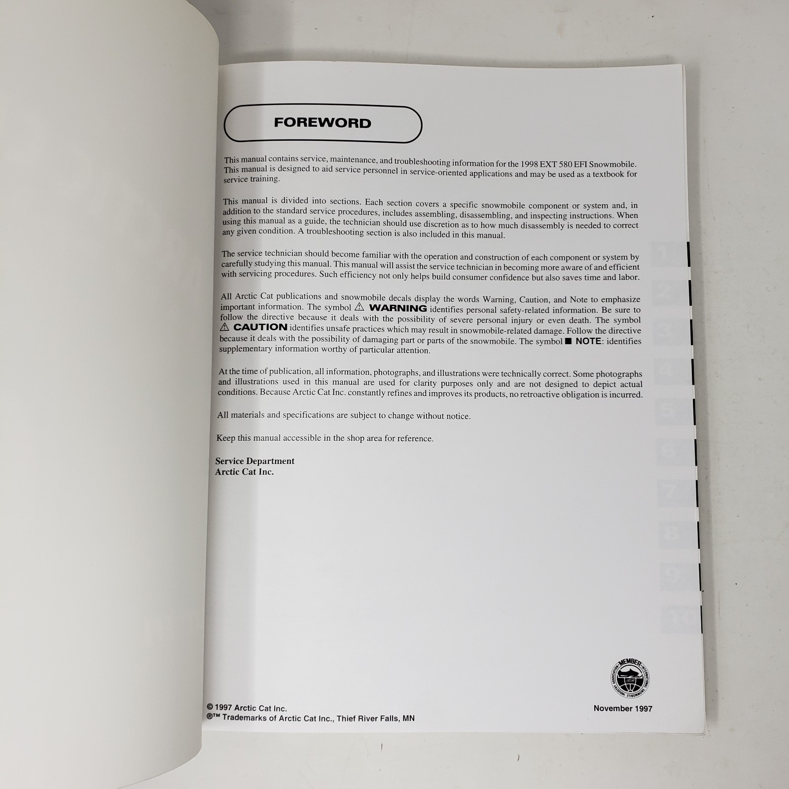 Arctic Cat Snowmobile Service Manual – EXT – EFI – 1998 – p/n 2255-720