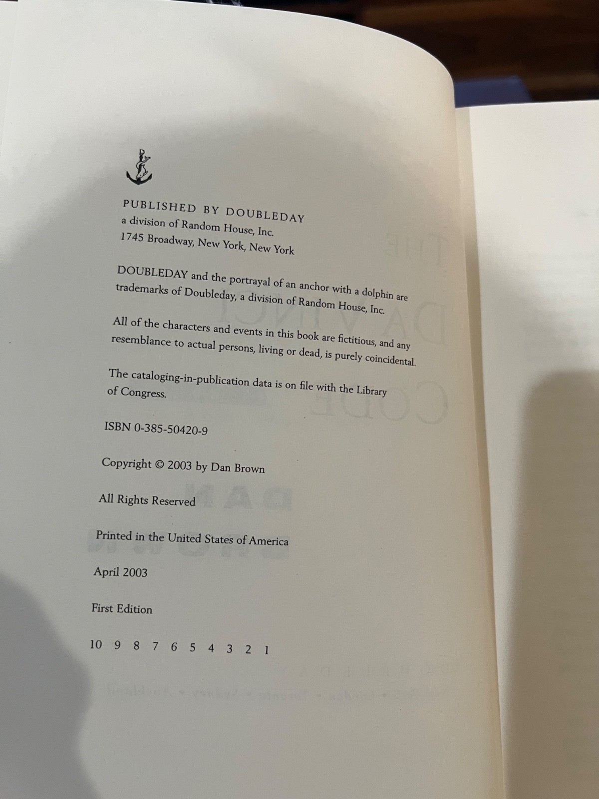2003 The DAVINCI CODE Dan Brown TRUE FIRST EDITION 1st 1st HC DJ w‘ Both Errors