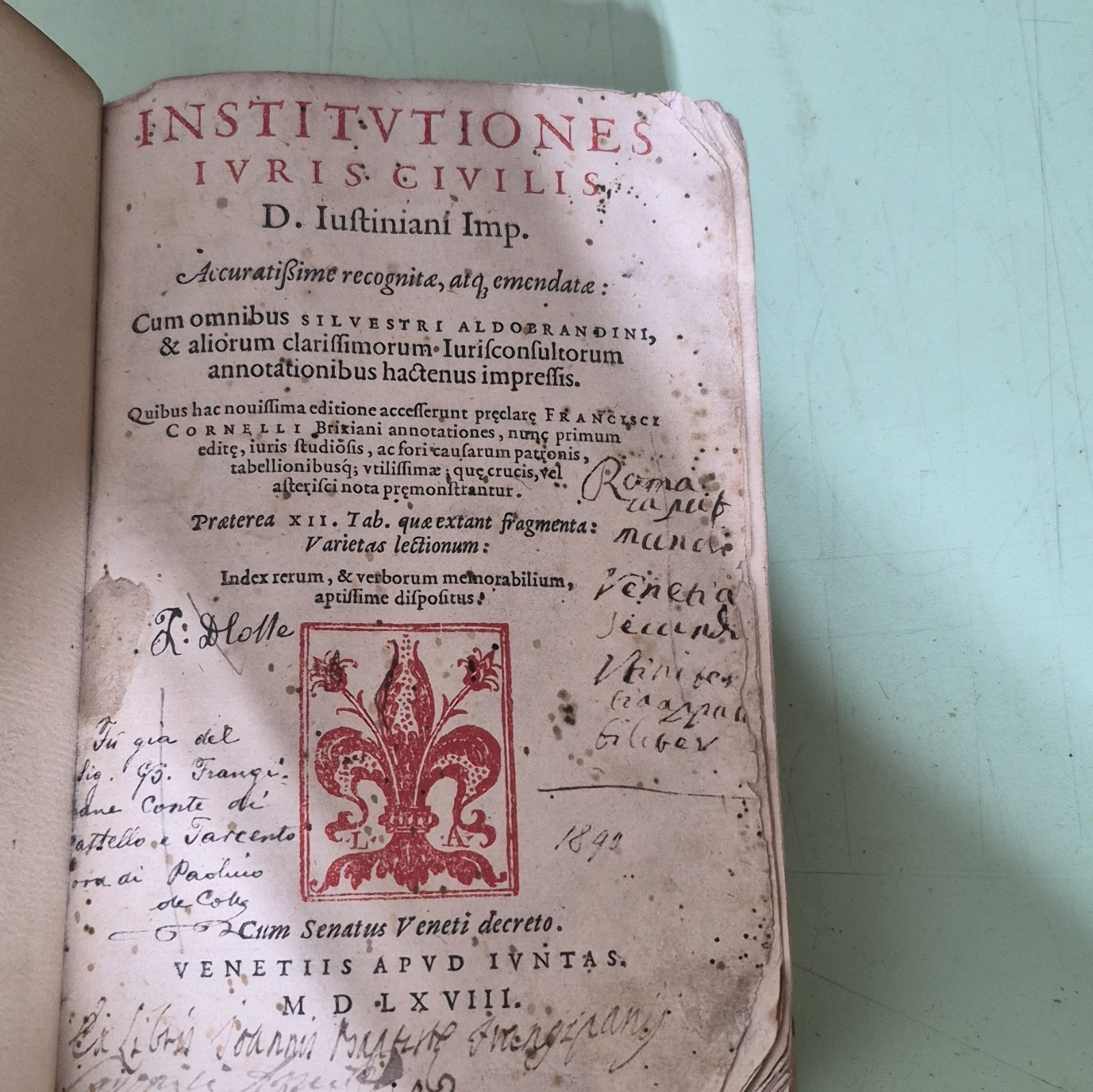 D. Iustiniani Imp. Institutiones Iuris Civilis 1568 Leather Venetiis Iuntas