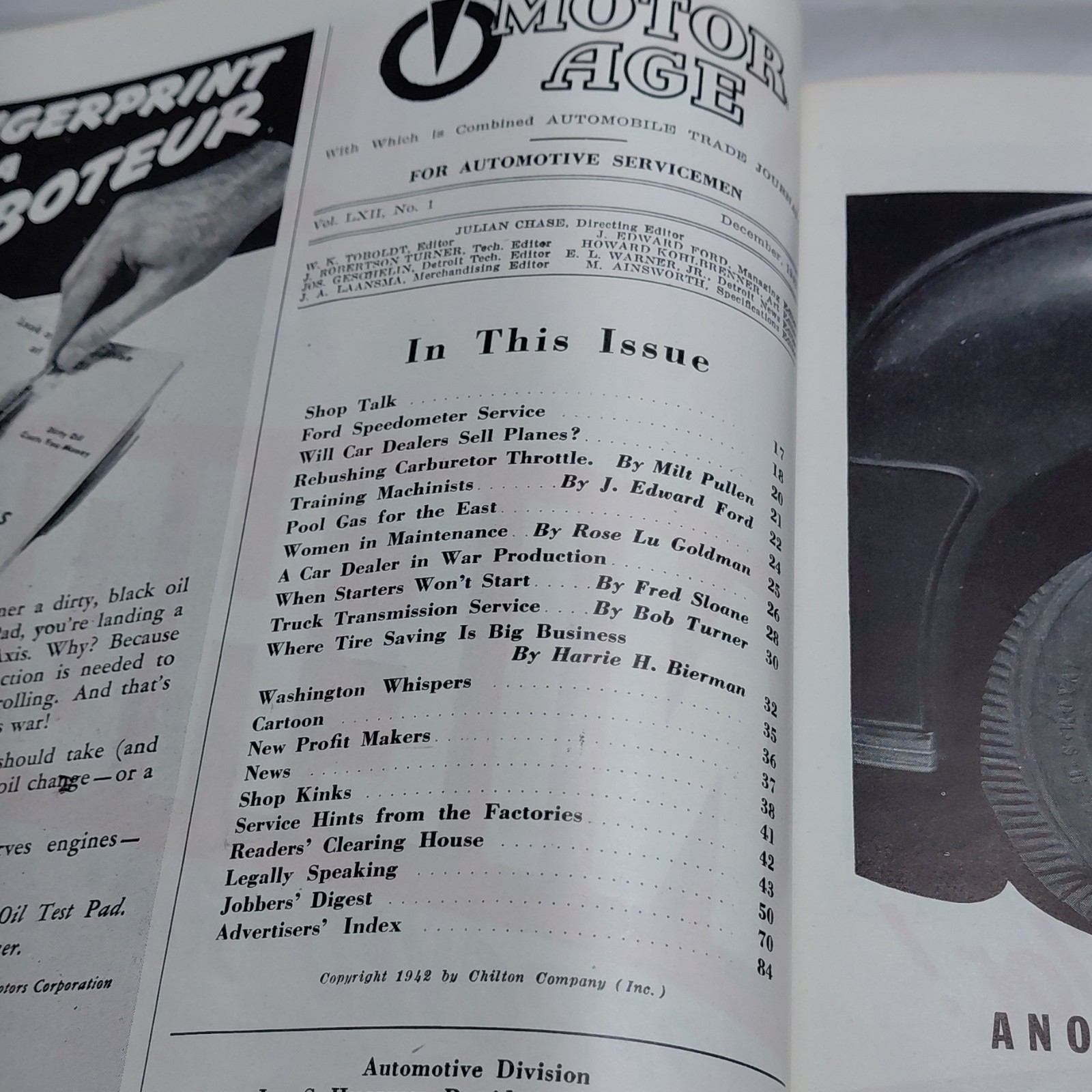 Motor Age Magazine December 1942 Chilton Automotive Service WWII Bierman Vintage