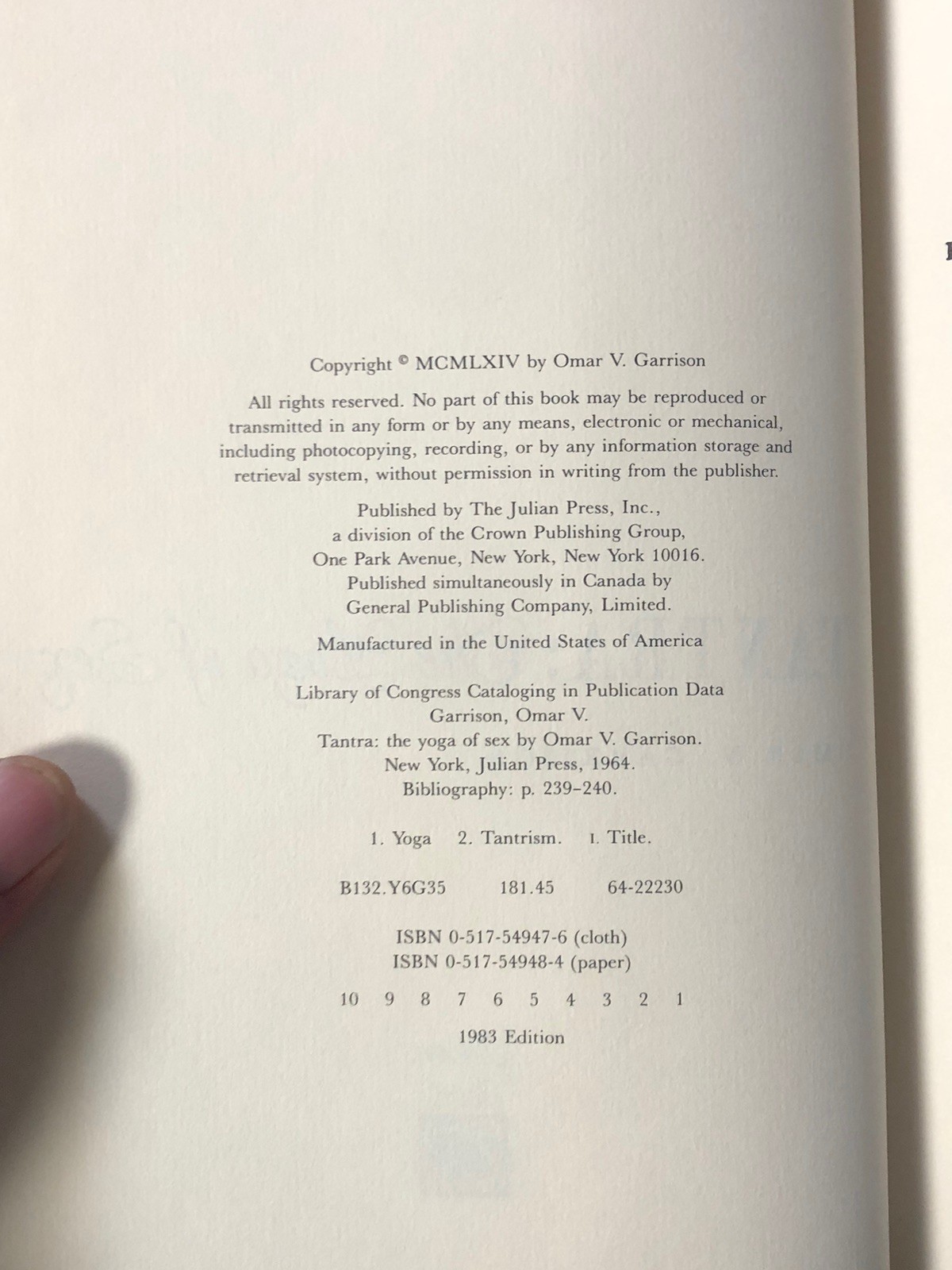 Tantra: The Yoga of Sex 1983 Hardcover By Omar Garrison