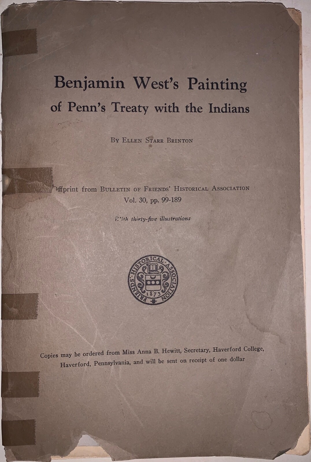 1941, SIGNED, First Ed, BENJAMIN WEST’S PAINTING, BY ELLEN STARR BRINTON, PA