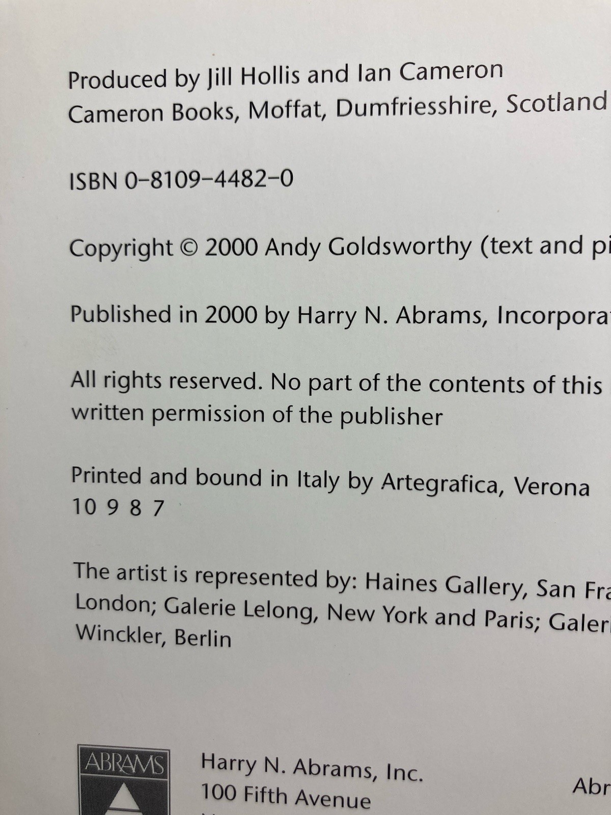ANDY GOLDSWORTHY “Time” 2000 First Edition 7th Print HARDCOVER Harry N. Abrams