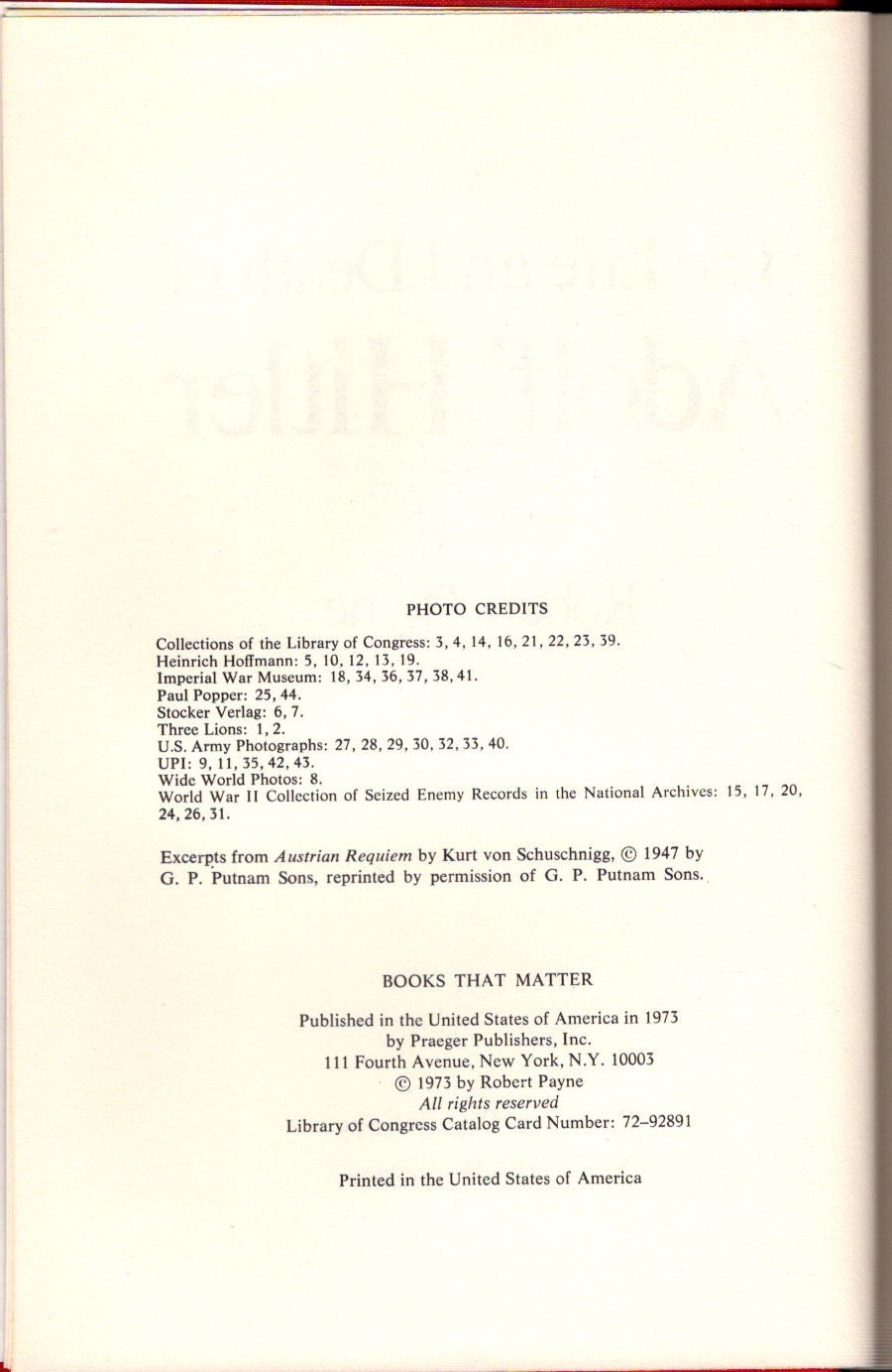 1973 THE LIFE AND DEATH OF ADOLF HITLER Robert Payne