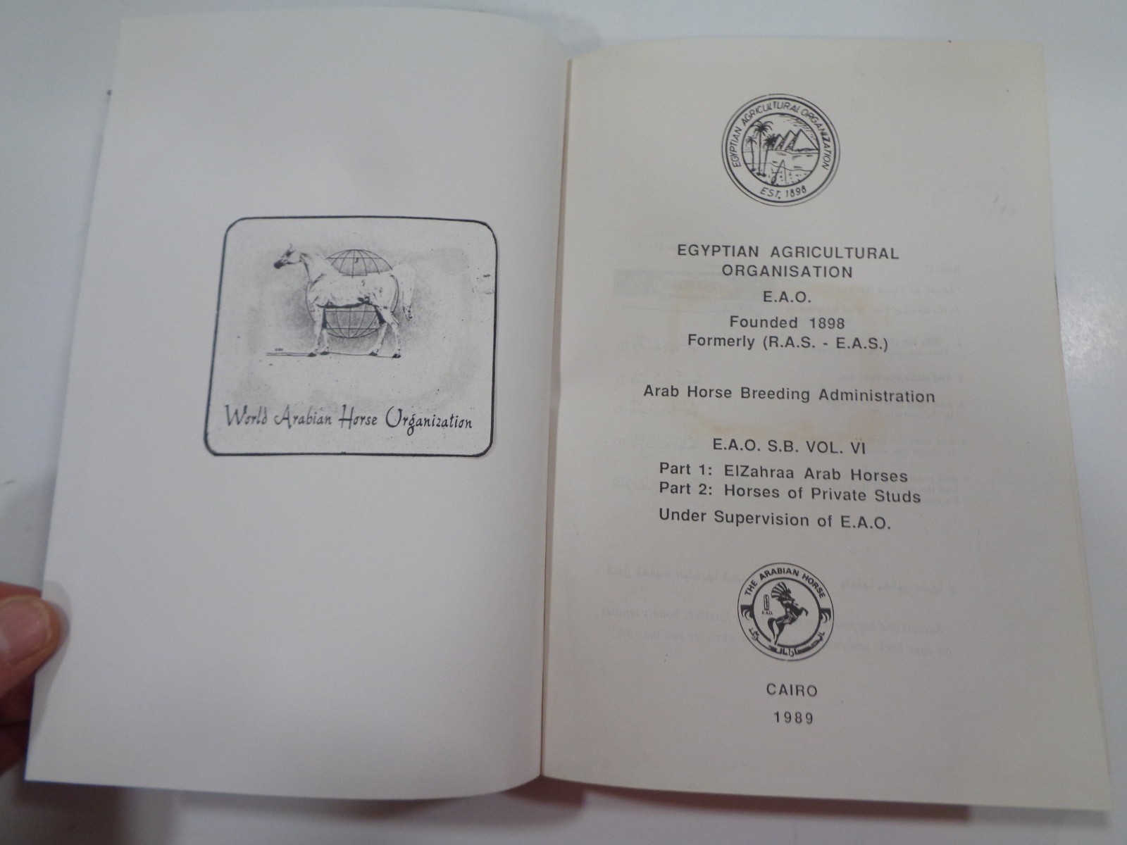 Arabian Horse Stud History Egyptian Agricultural Organisation Vol. V1 1989