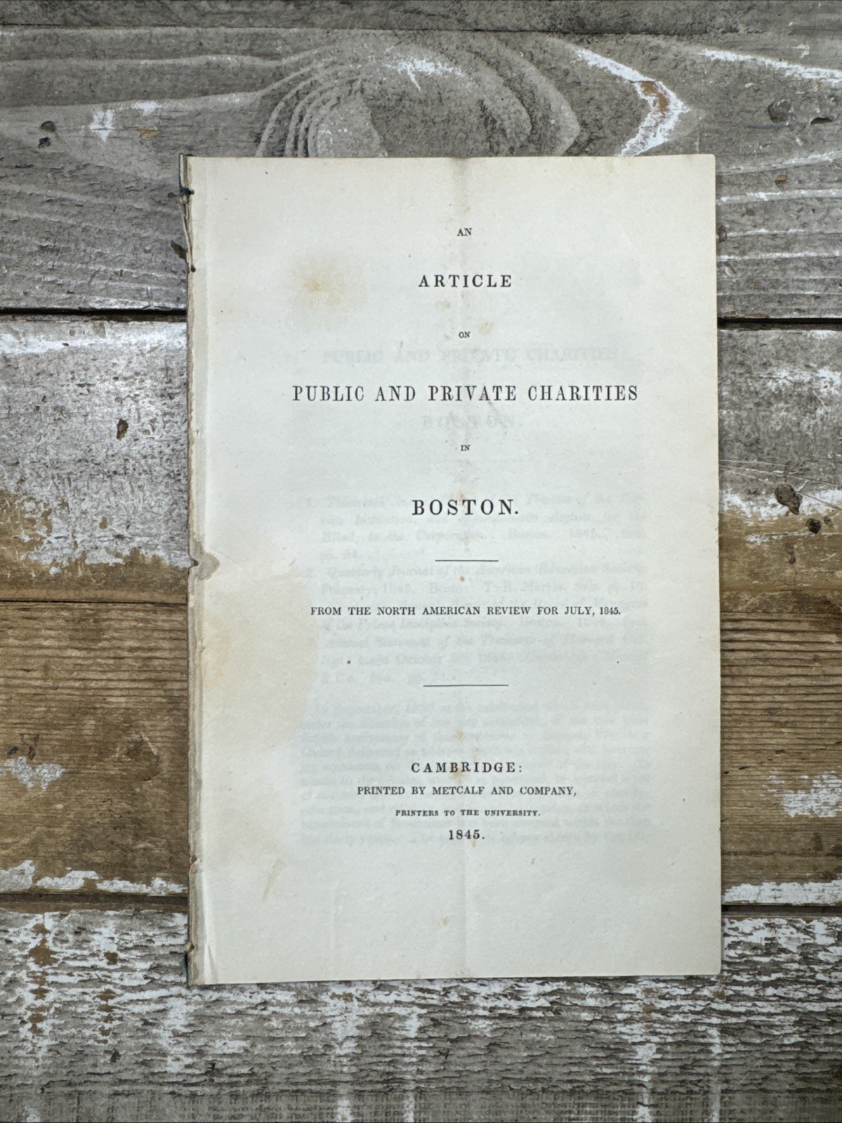 1845 Antique Pamphlet “An Article of Public and Private Charities in Boston”