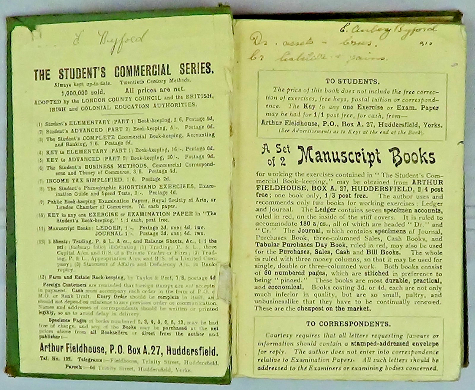 The Students Elementary Commercial Book Keeping by Fieldhouse 1927 35th Edition