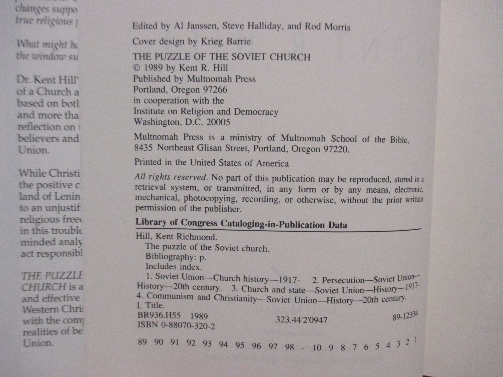 KENT R. HILL Signed Book(THE PUZZLE OF THE SOVIET CHURCH-1989 1st Edit Hardback