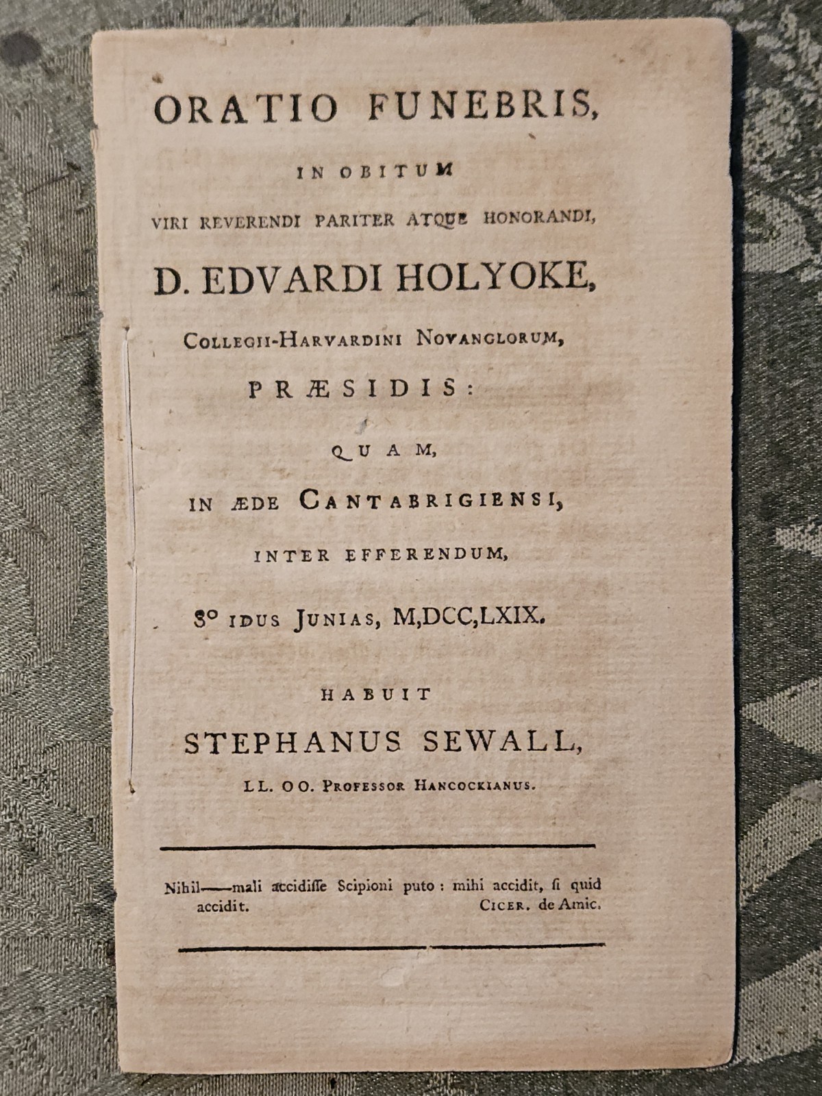 1769 Oration Stephen Sewall Death of Fellow Harvard Professor 1st Ed