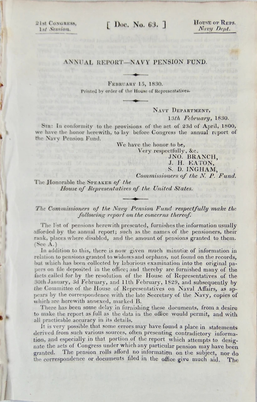 1830 US Navy Pensions, to whom paid, amounts, ship name, &c.