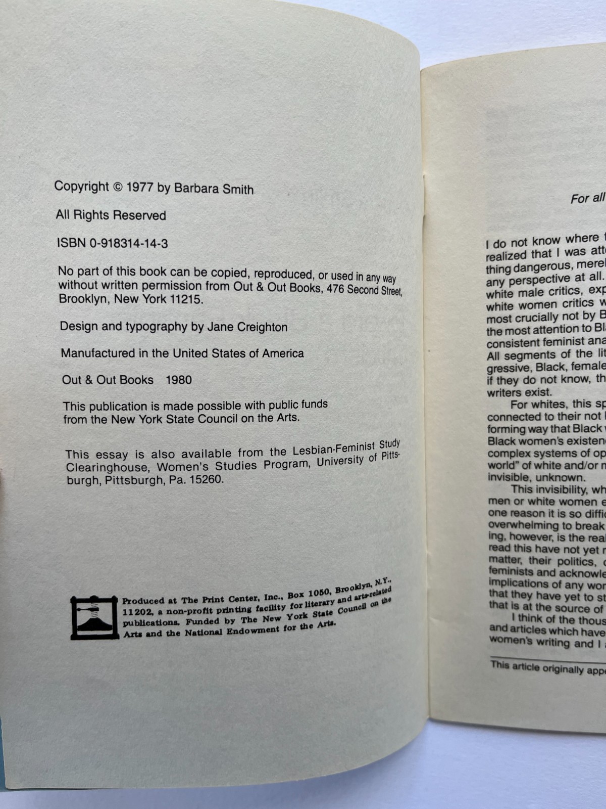 TOWARD A BLACK FEMINIST CRITICISM ~ Barbara Smith, 1980, Out & Out Books