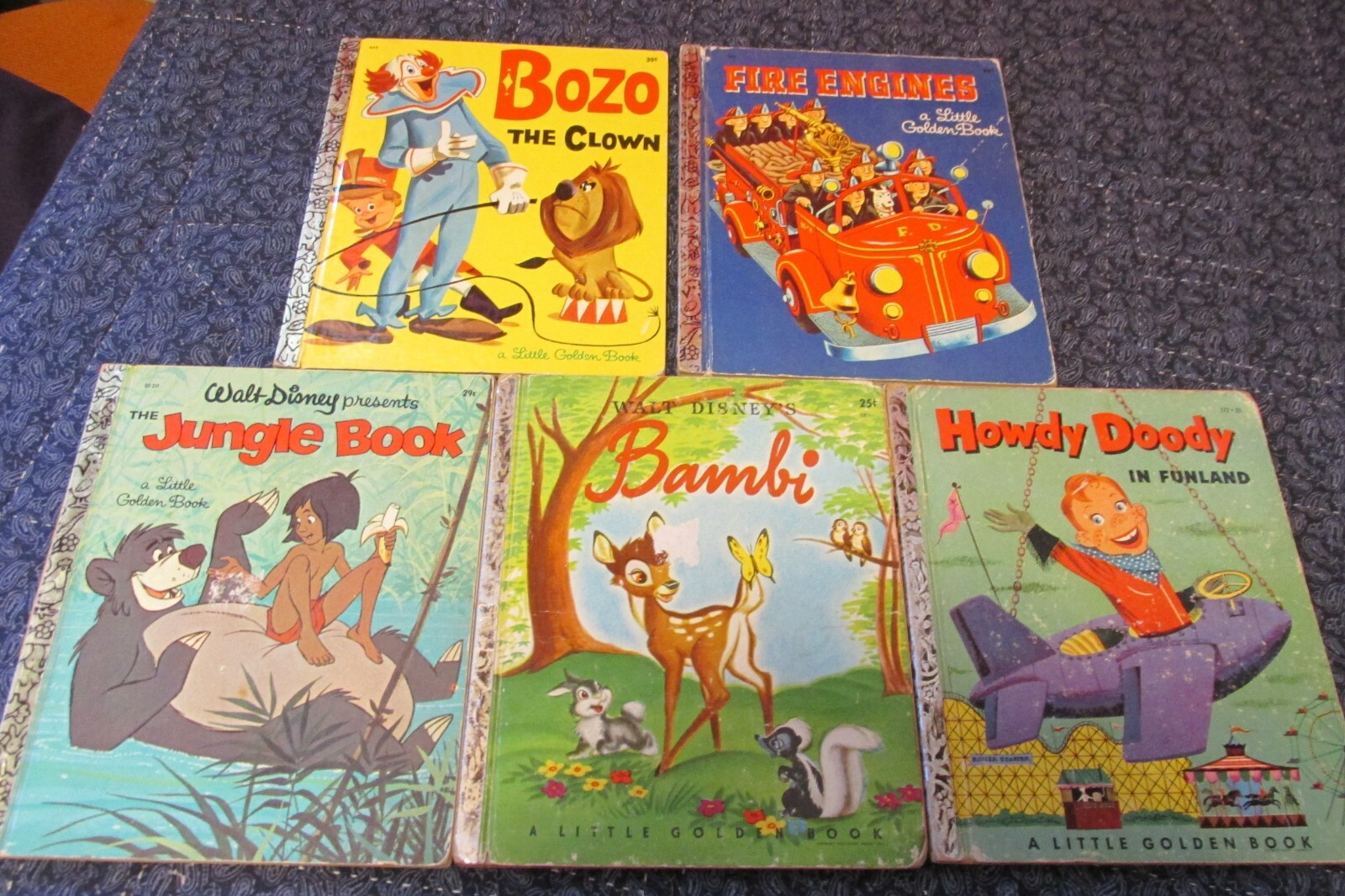 lot of 5 Vintage Golden Books Bozo, Jungle Book, Bambi, Howdy Doody & Fire Eng.
