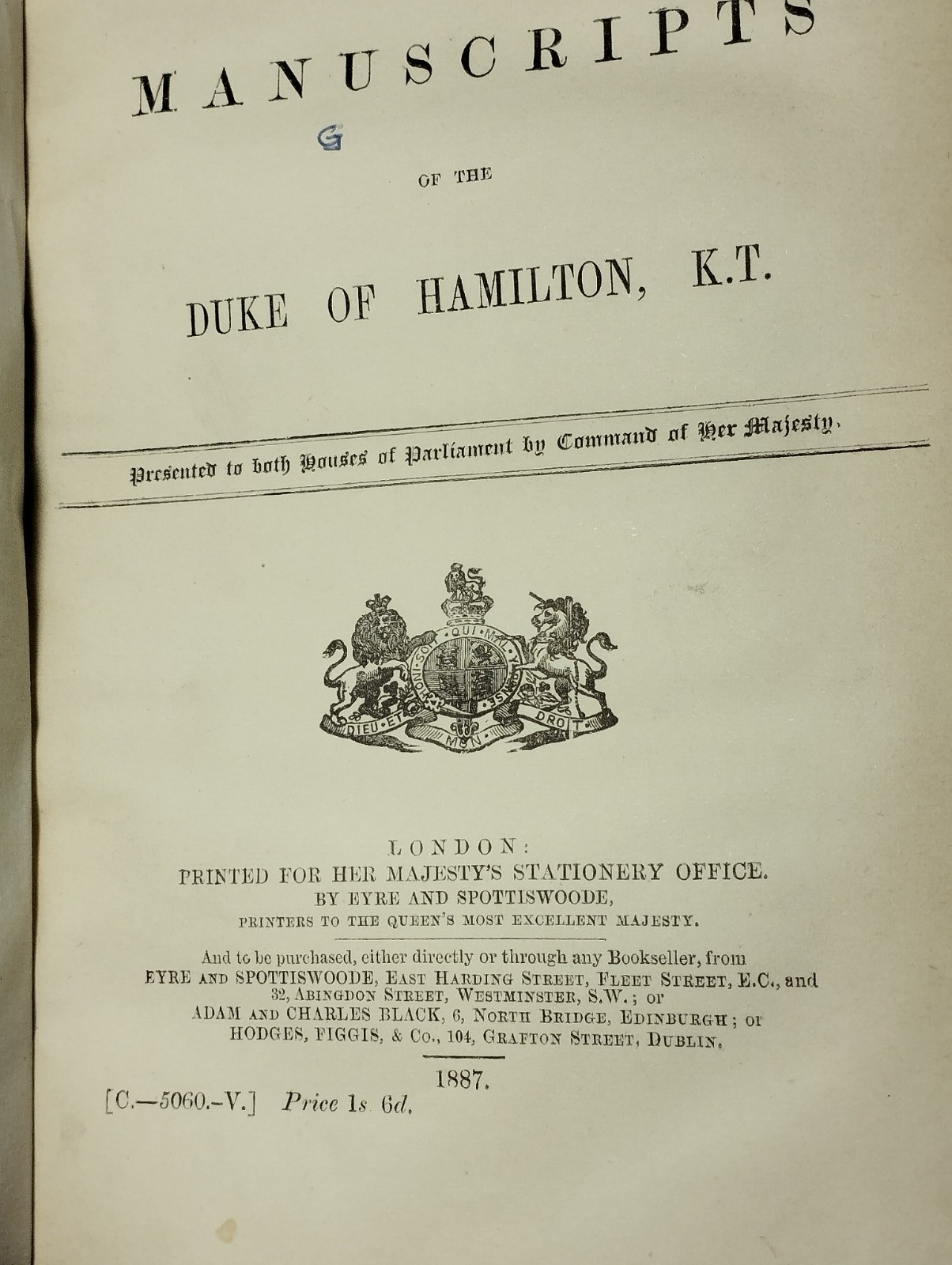 HMSO 1887, The Manuscripts of the Duke of Hamilton K.T. Historical M Commission