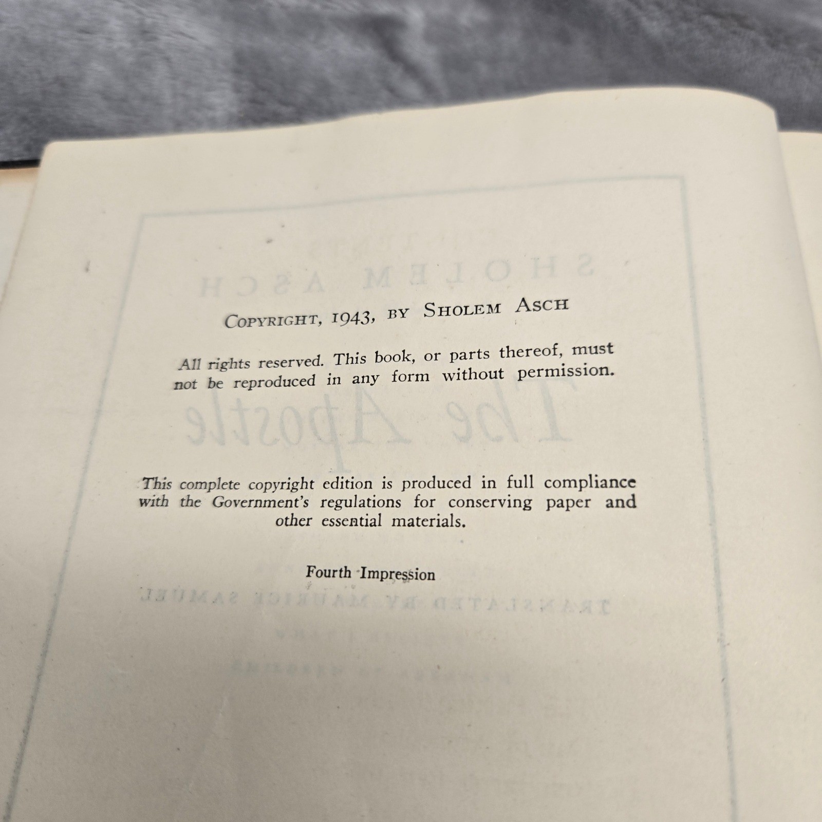 The Apostle Sholem Asch 1943 Fourth Impression Hardcover Religious Fiction Book