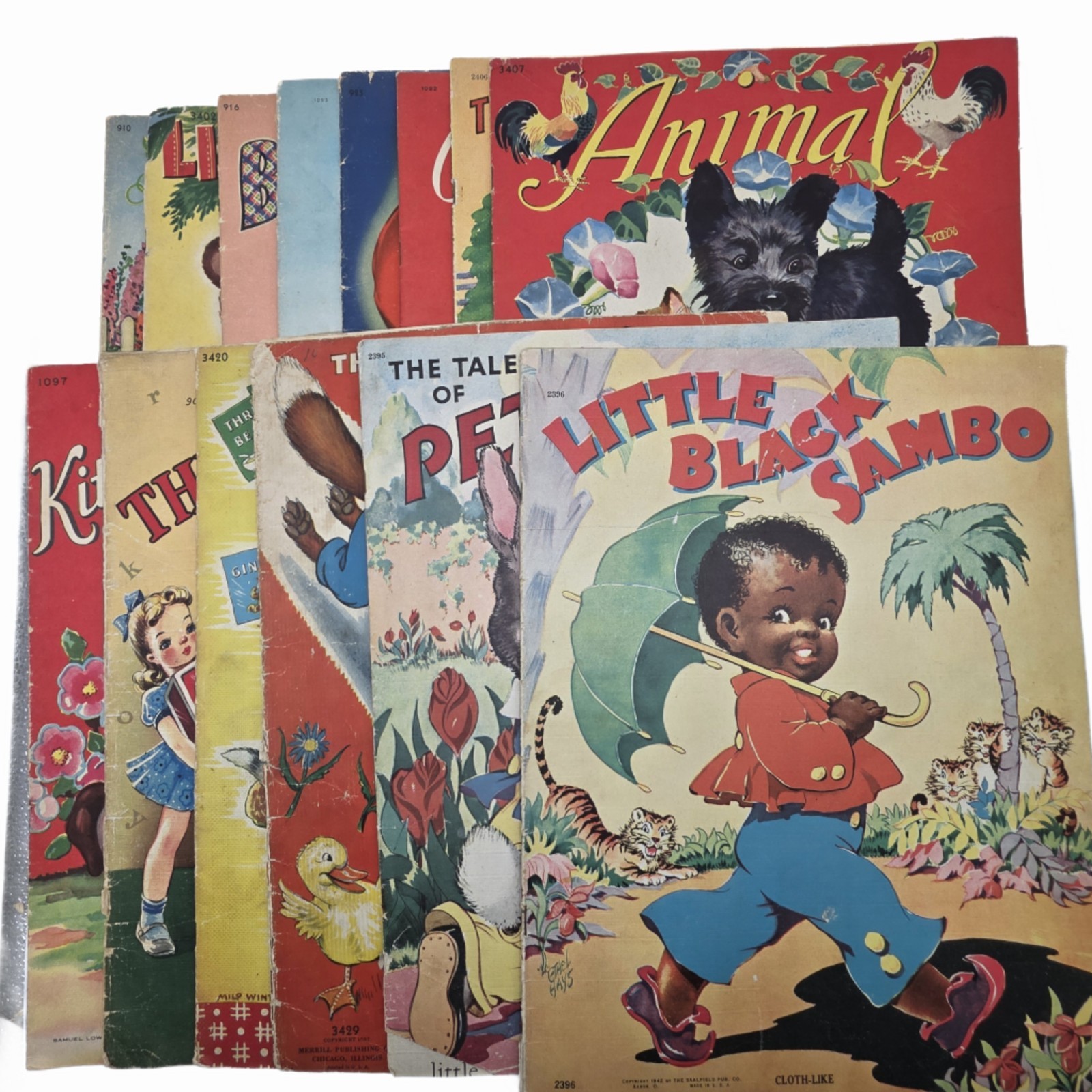 14 Vtg 1940s Cloth Like Children’s Books Merrill Saalfield Sambo Rabbit…
