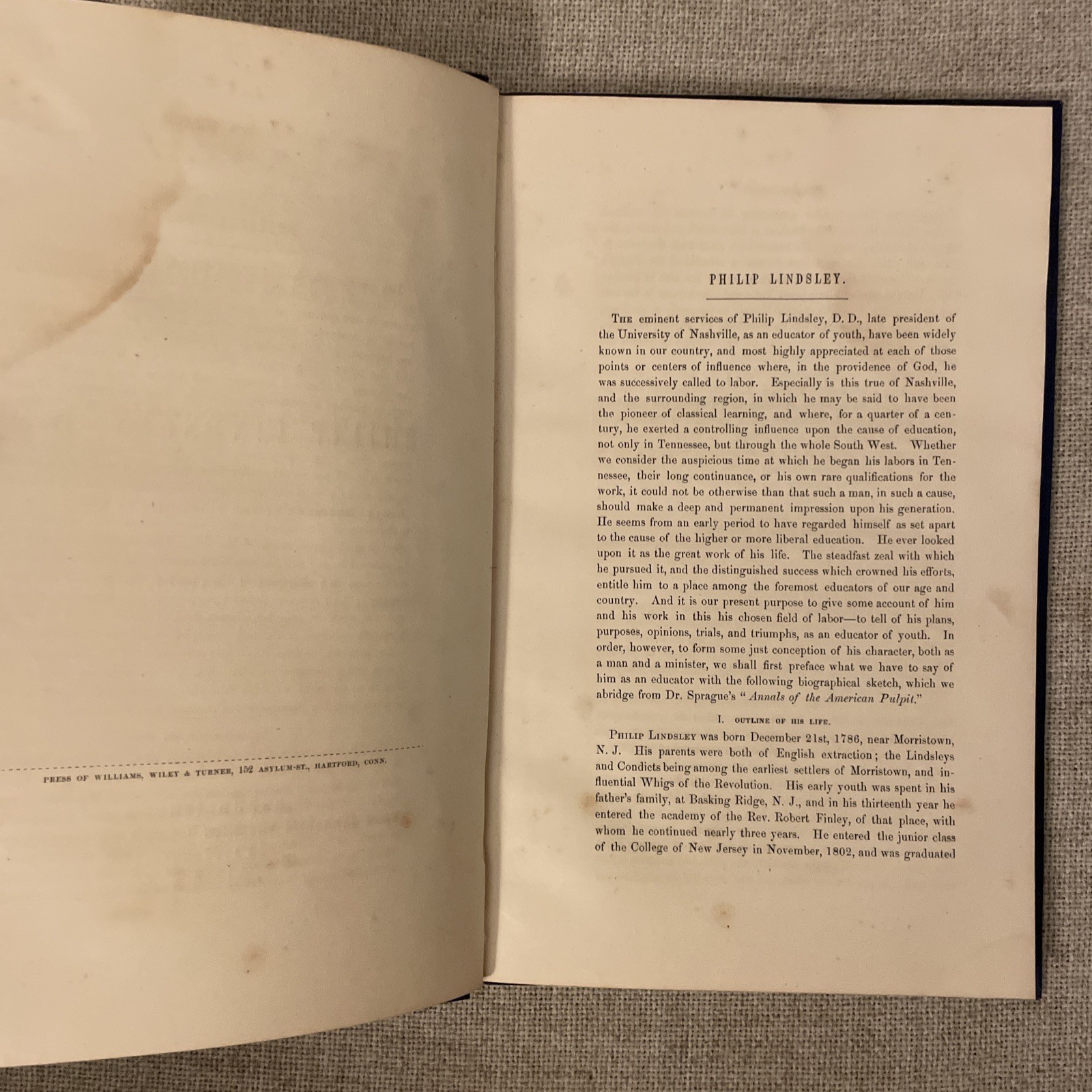 Memoir Of Philip Lindsley By Leroy J. Halsey 1859 Hardcover