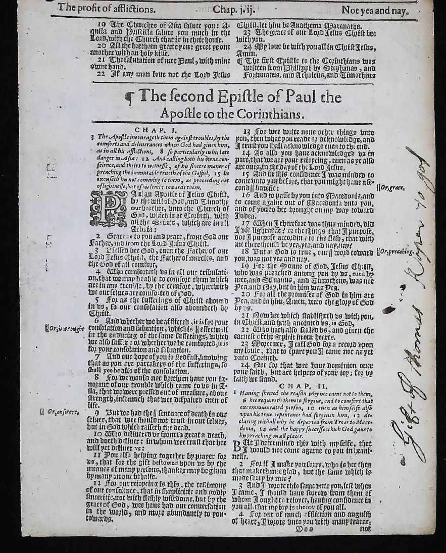 SECOND CORINTHIANS TITLE PAGE 1625 KING JAMES BIBLE , LAST IN KING’S LIFETIME