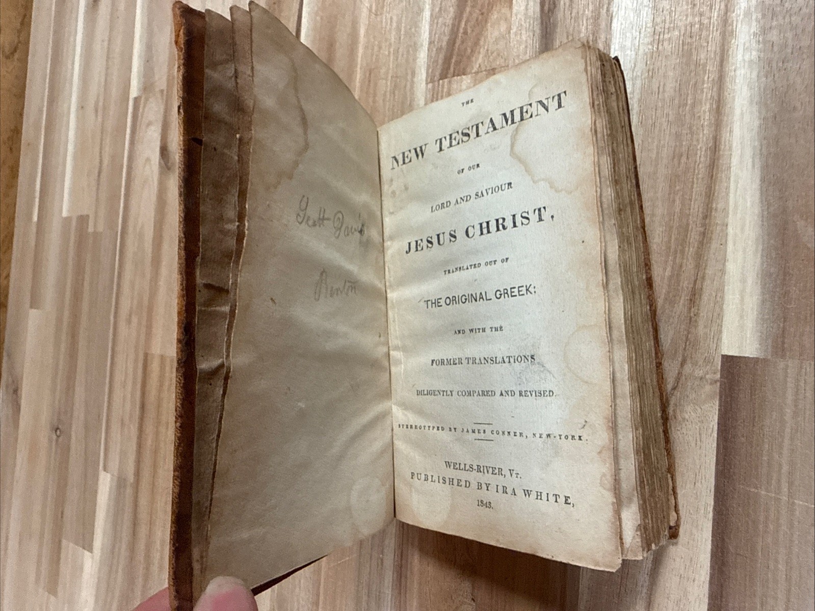 1843 NEW TESTAMENT rare WELLS-RIVER vermont IRA WHITE leather ANTIQUE old