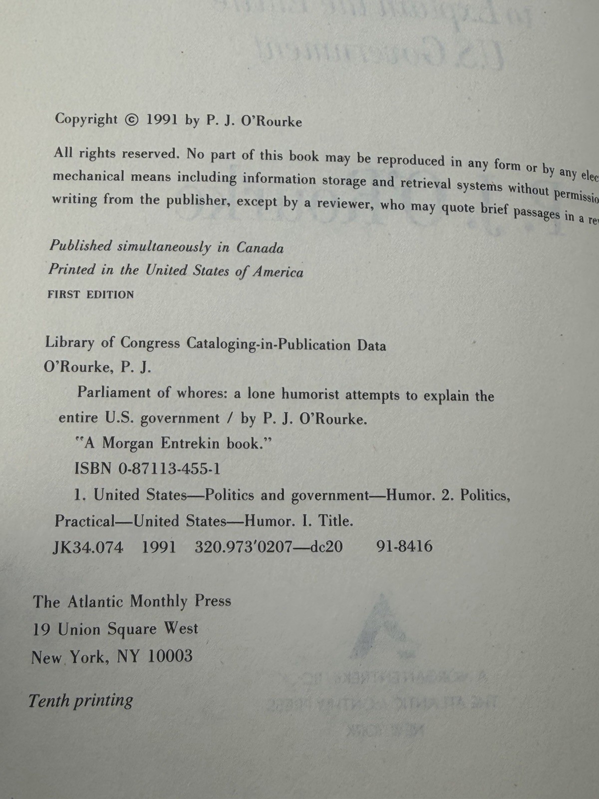 P. J. O’ROURKE – Signed 1st Ed – PARLIAMENT OF WHORES – Goverment, Humor Classic
