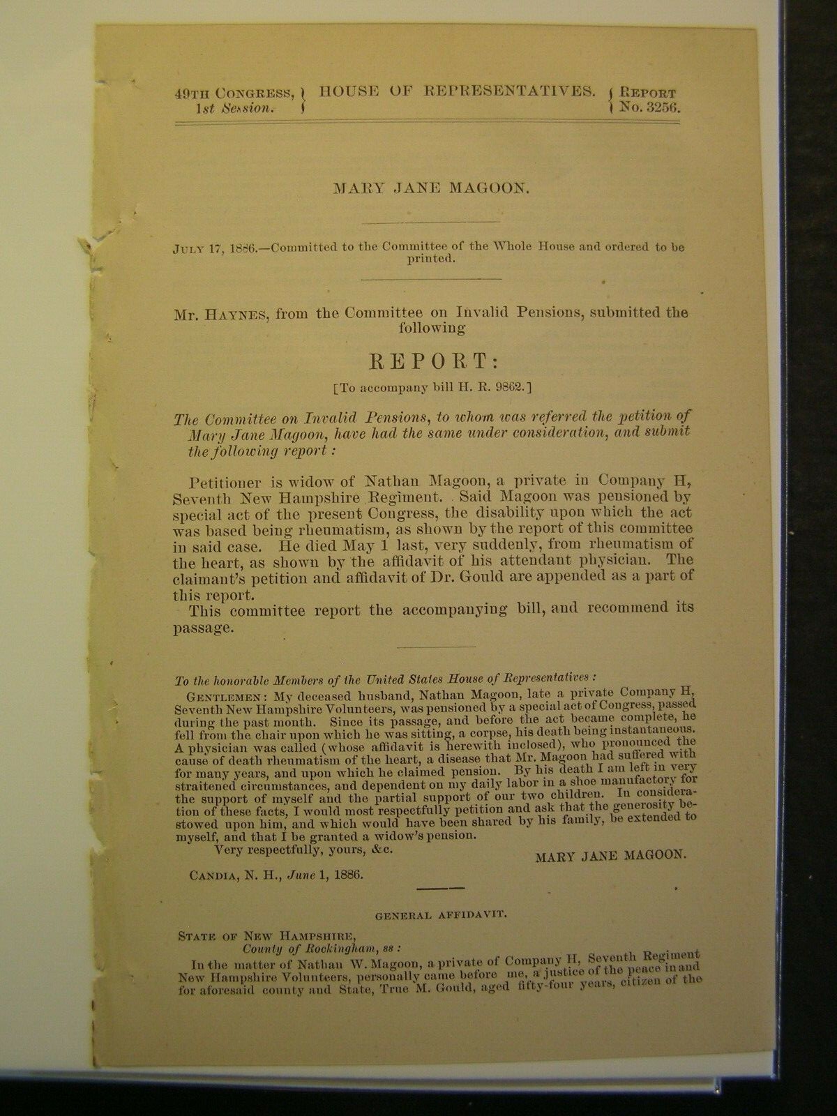 Government Report 1886 Nathan Magoon Private Co H 7th NH Reg Vol Civil War