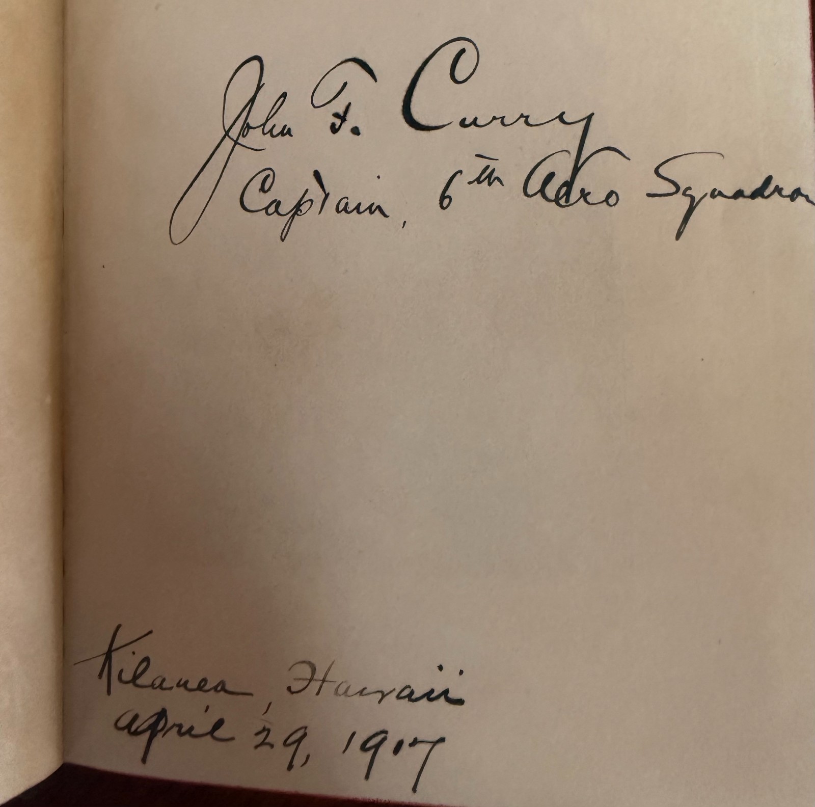 Book Signed by John F Curry Captain 6th Aero Squadron Fort Kamehameha Hawaii