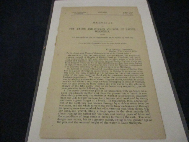 Government Report 1876 Racine Wisconsin Harbor Improvement Appropriation