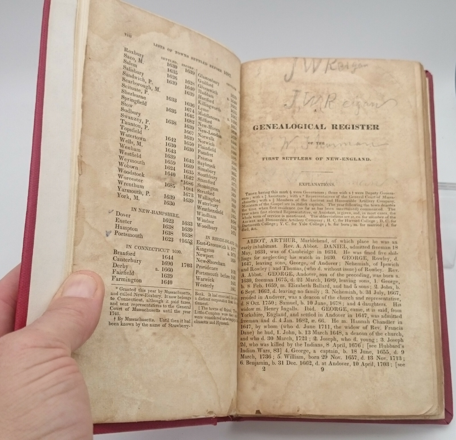 Original 1829 Genealogical Register of the First Settlers of New England Farmer