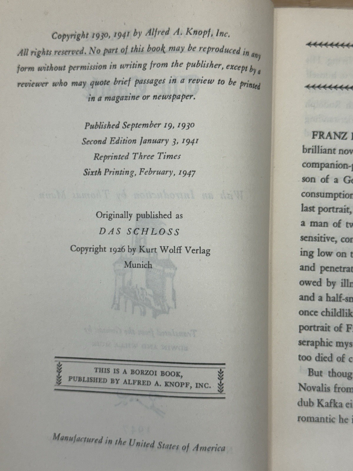 THE CASTLE by FRANZ KAFKA 1947 6th Printing with Thomas Mann Homage