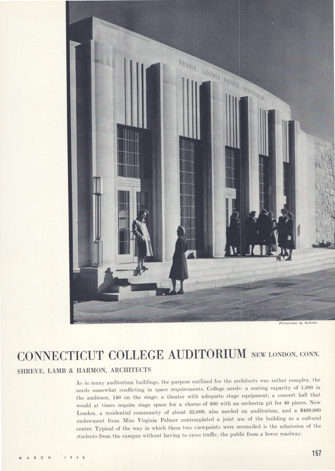 1940 Article * Connecticut College Ralph Loomis Palmer Auditorium New London CT