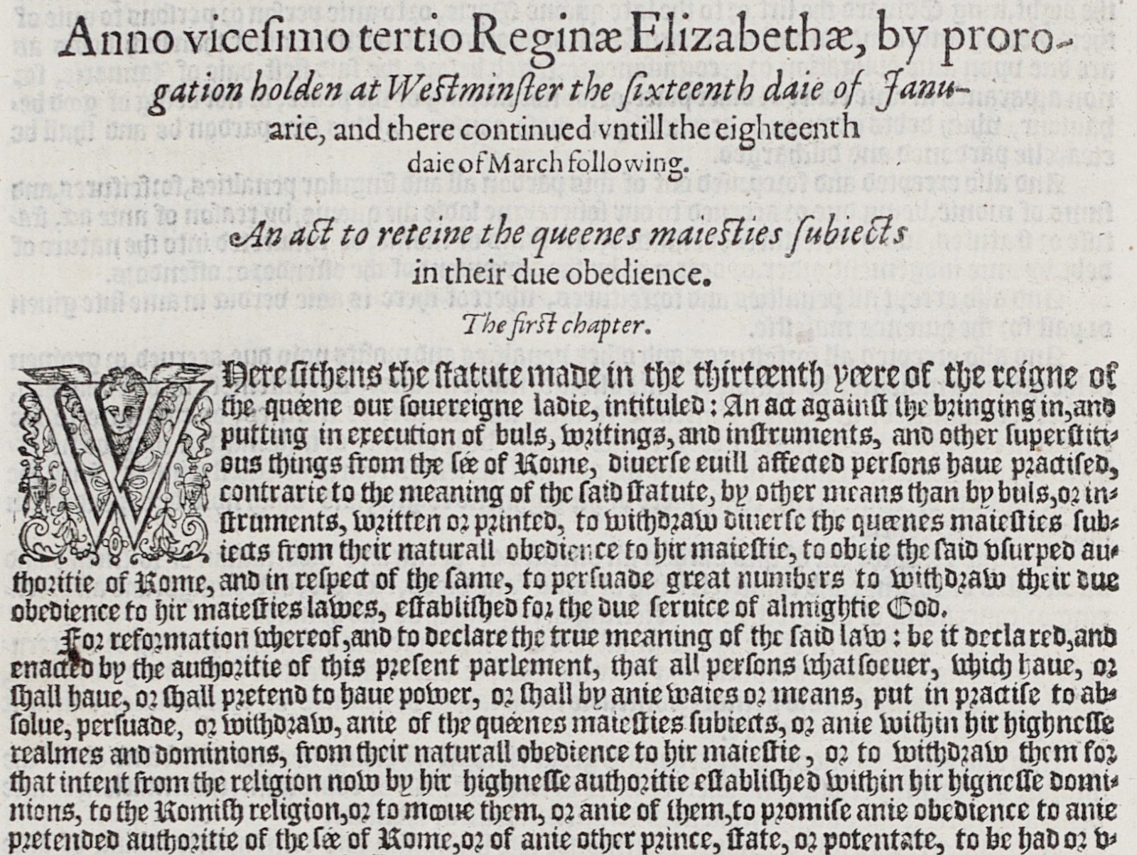 Anti-Catholic Loyalty Act Elizabeth I Against Rome 1587 Grafton Statute Bifolium