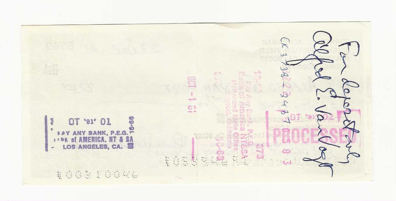 A.E. Van Vogt SIGNED DIVIDEND CHECK from Forrest J. Ackerman who also SIGNED