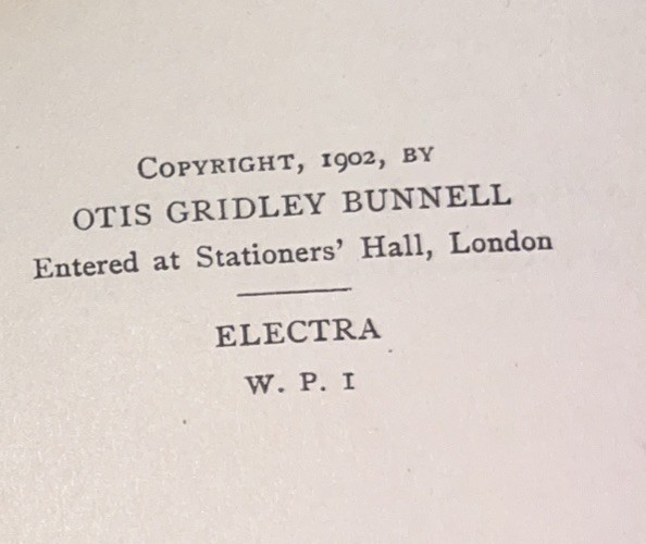 ELECTRA Play By B.P. Galdos 1900 Book Form by O.G. Bunnell 1902 Spanish/English