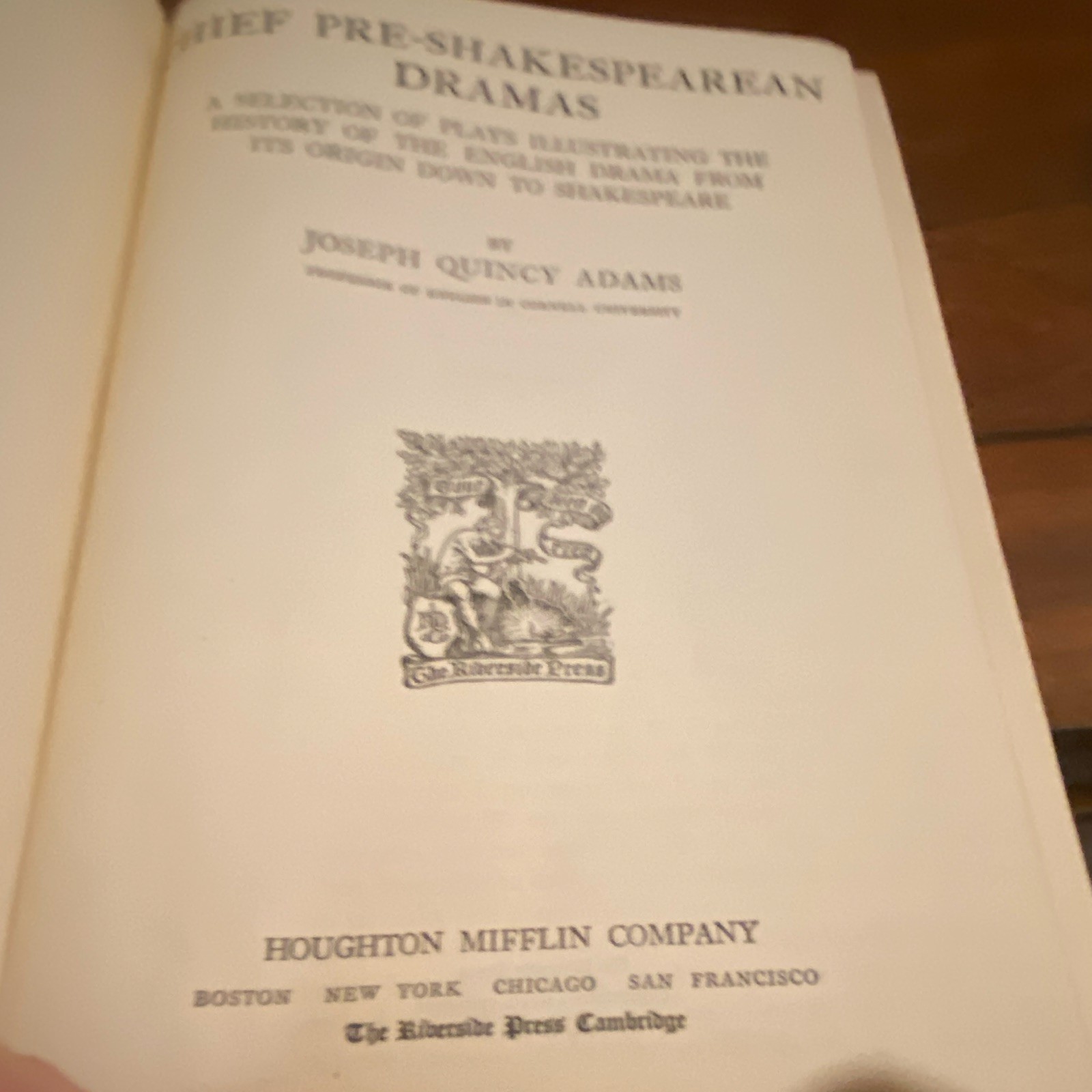 Chief Pre-Shakespearean Dramas Joseph Quincy Adams Houghton Mifflin 1924 HC