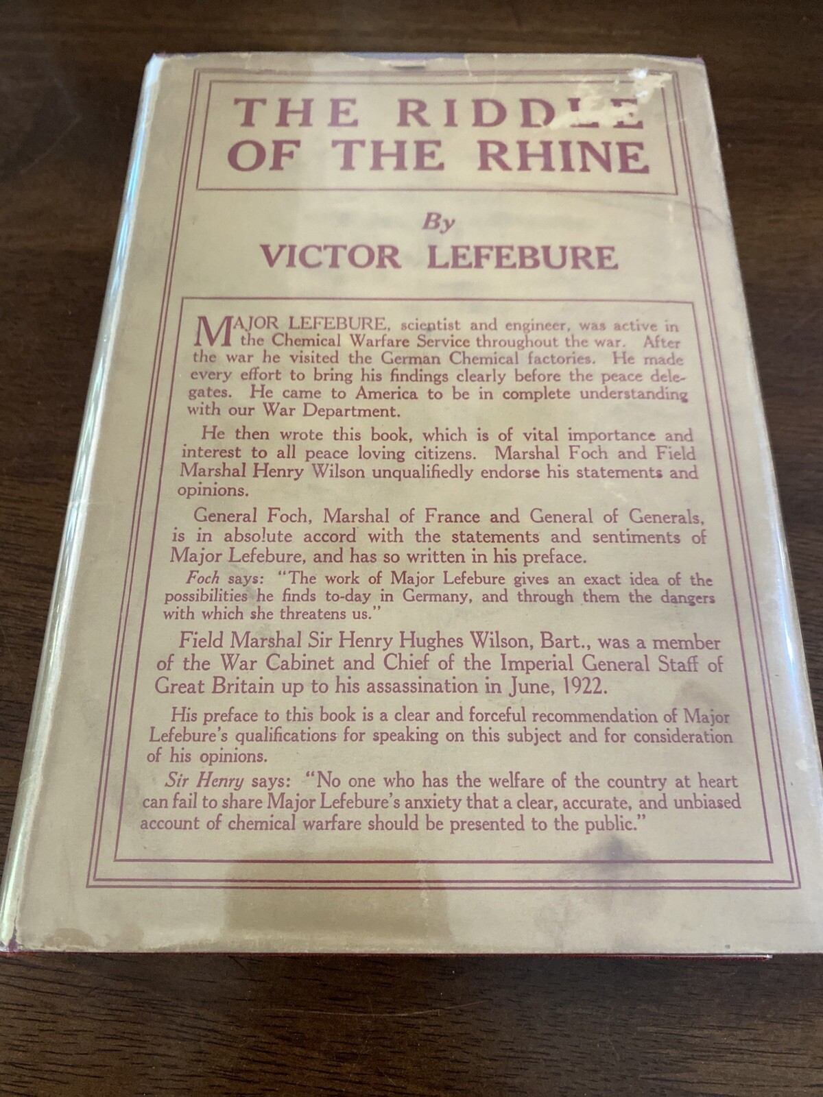 THE RIDDLE OF THE RHINE VICTOR LEFEBURE 1923 COLLINS CHEMICAL WARFARE 1st ed.
