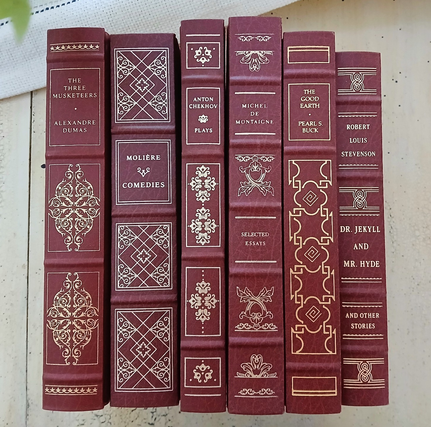 Burgundy Red Decorative Franklin Library Books- 6 Lot- Leather Books, 22K Gold