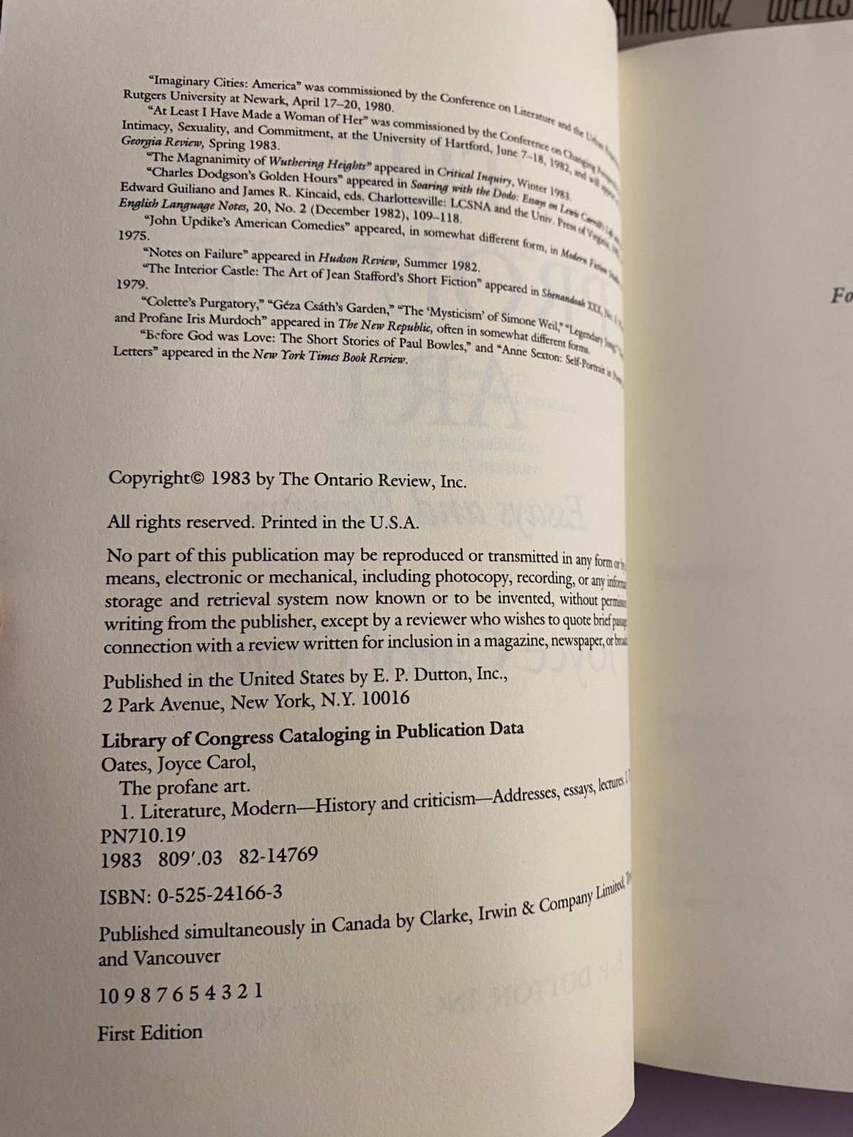 THE PROFANE ART Joyce Carol Oates 1983 E P Dutton First Edition Essays Hardcover