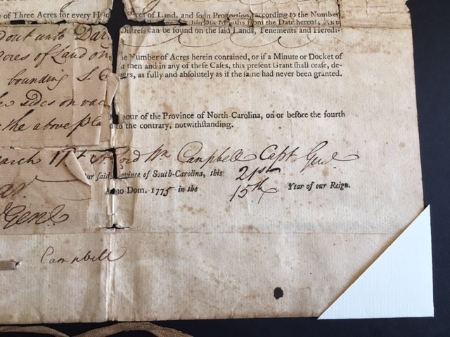 1775 Land Grant SIGNED Lord William Campbell, Last Royal Governor SOUTH CAROLINA