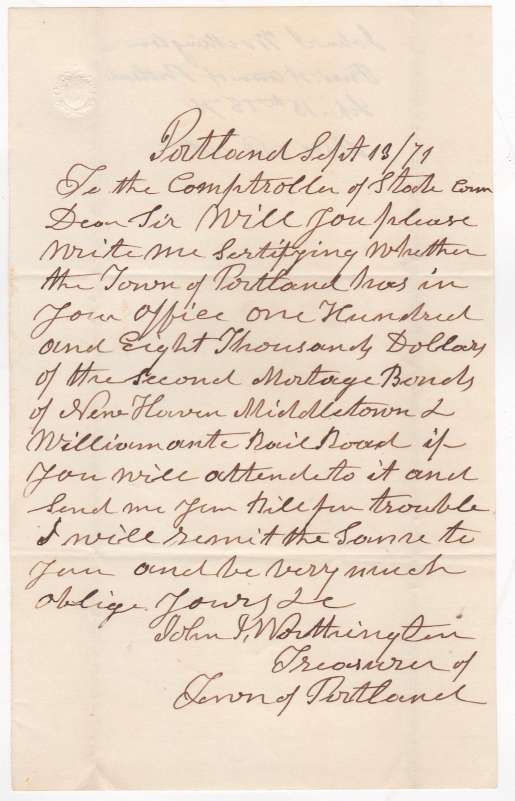 ALS John Worthington Portland CT New Haven Middletown Willimantic Rail Road 1871