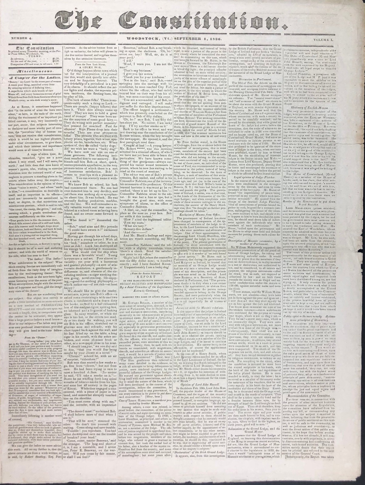 The Constitution Woodstock (Vermont) Anti-Masonic Martin Van Buren 1836