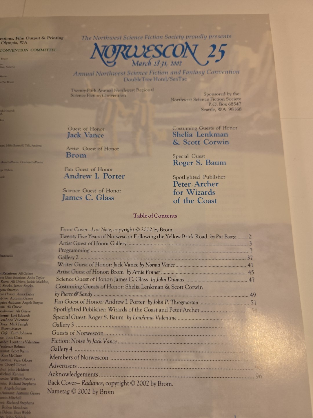 2002 NORWESCON 25 PROGRAM Sci Fi Convention- Vance, Brom, Wizards Of The Coast