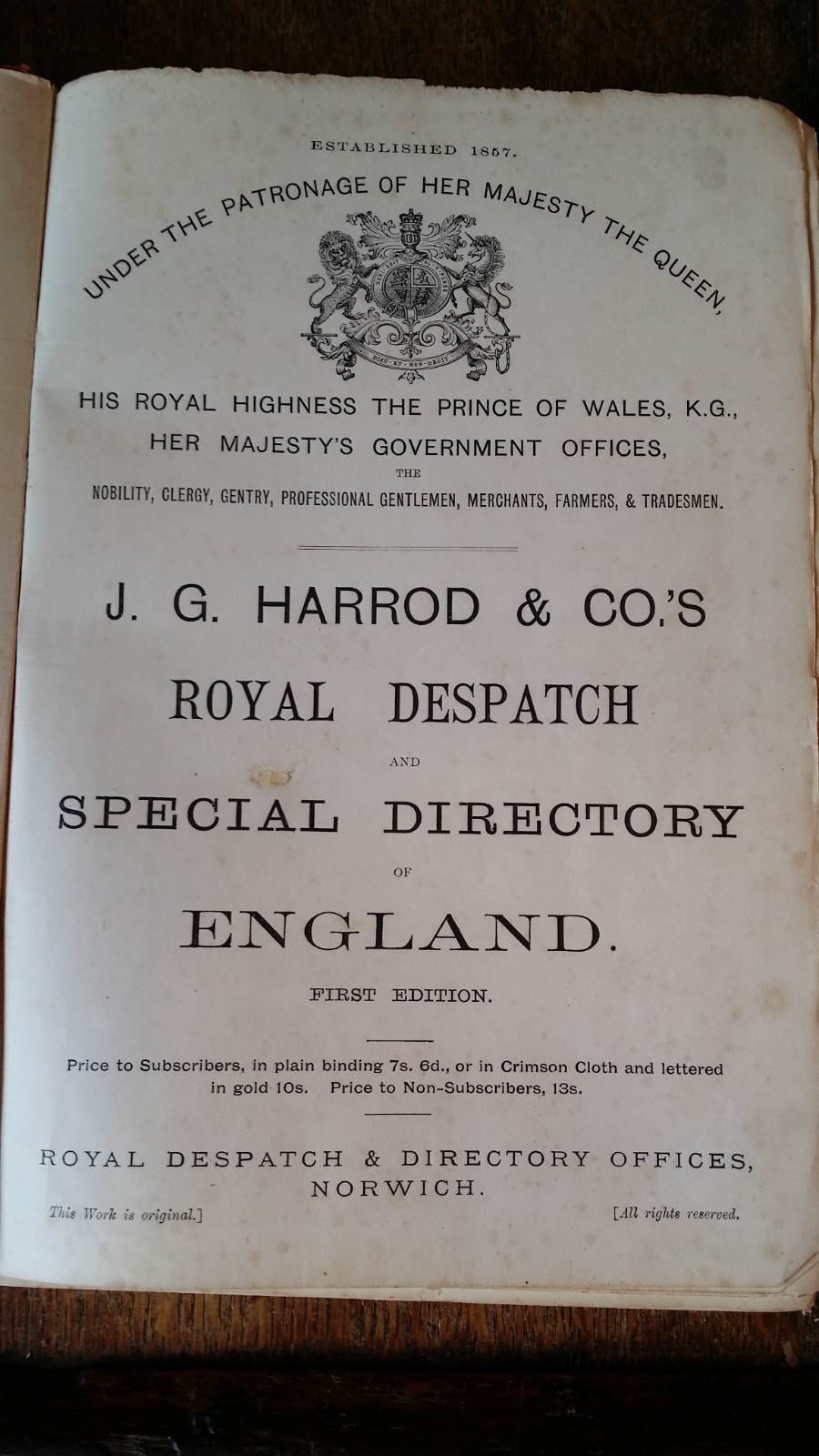 1880 HARROD’S ROYAL DESPATCH & SPECIAL DIRECTORY OF ENGLAND 1ST ED. TRADE ETC