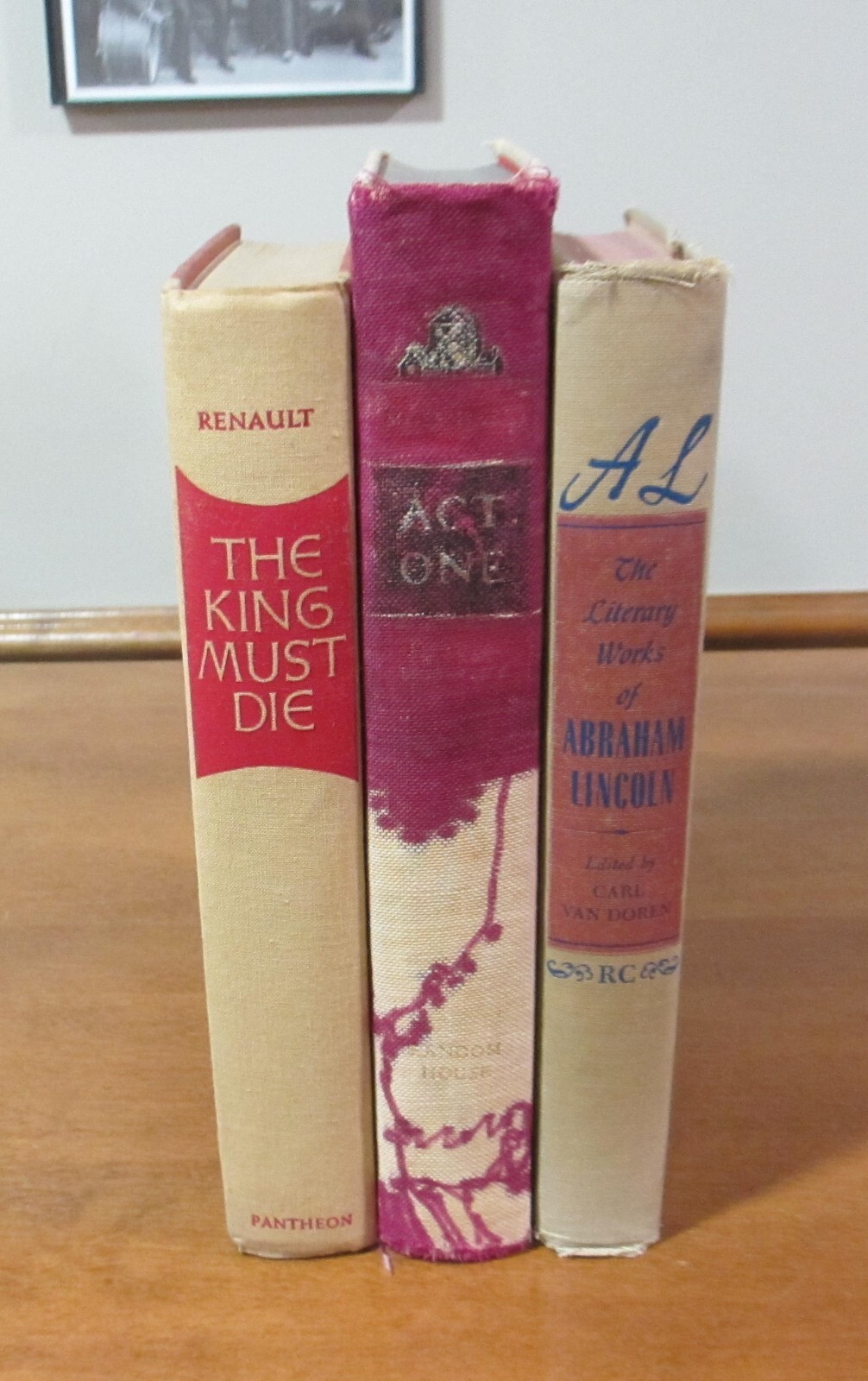 DECORATIVE Book lot 3 Vintage Staging Library Shelf Display Prop Beige, Red Text