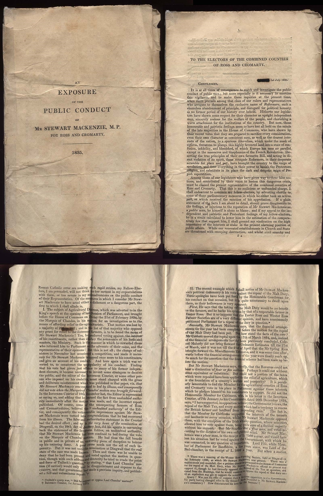 1835 RARE Pamphlet EXPOSURE OF THE PUBLIC CONDUCT of STEWART MACKENZIE M.P.