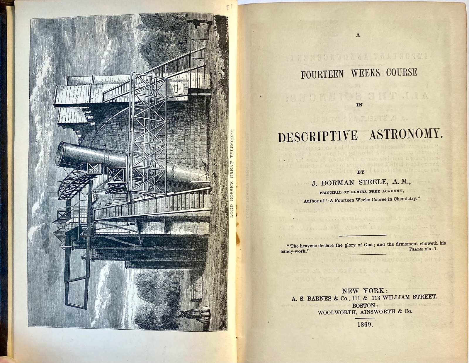 1869 A FOURTEEN WEEKS COURSE IN DESCRIPTIVE ASTRONOMY by J Dorman Steele w/ pix