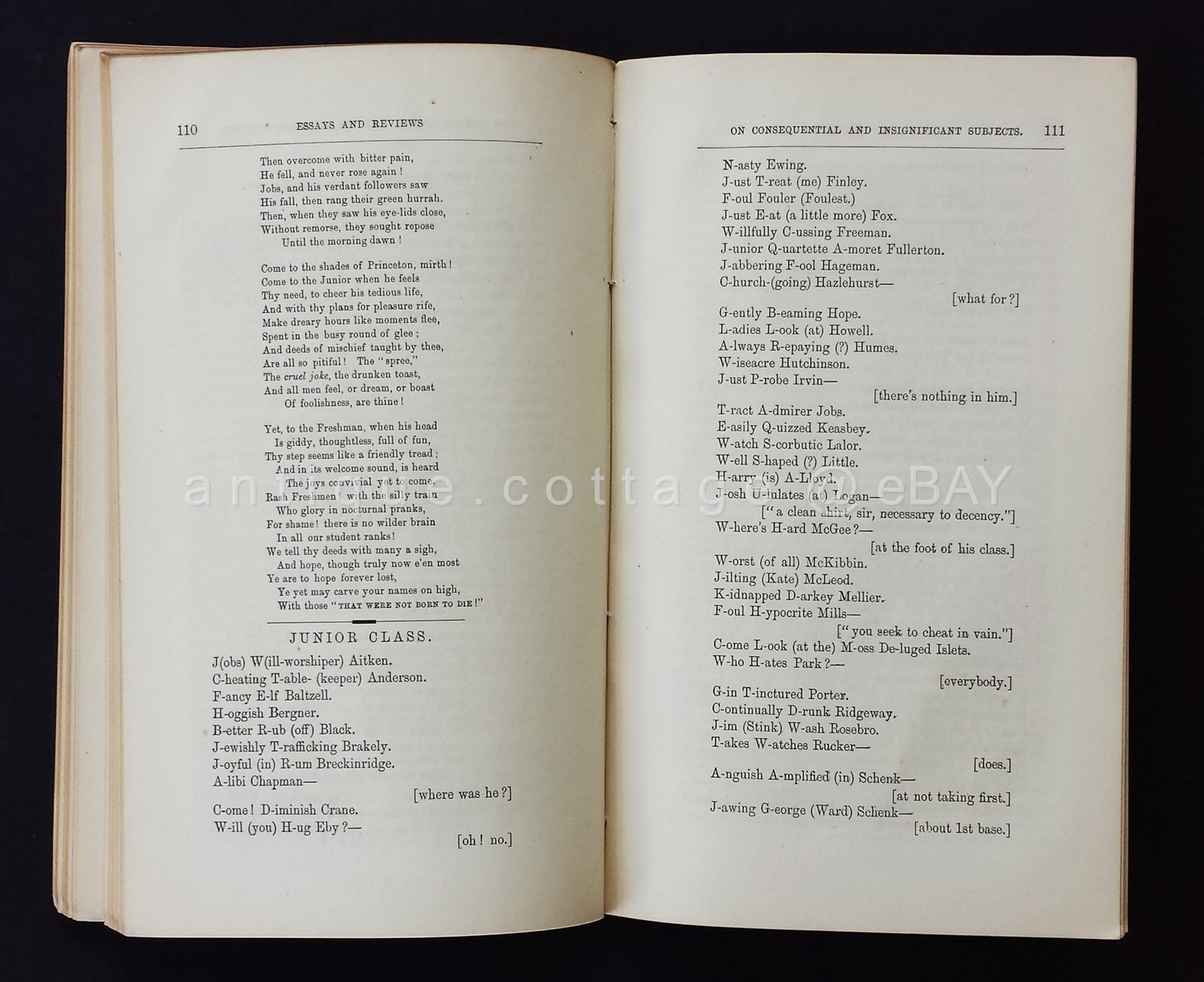 1868 antique PRINCETON UNIVERSITY STUDENT PUBLICATION poem non political correct