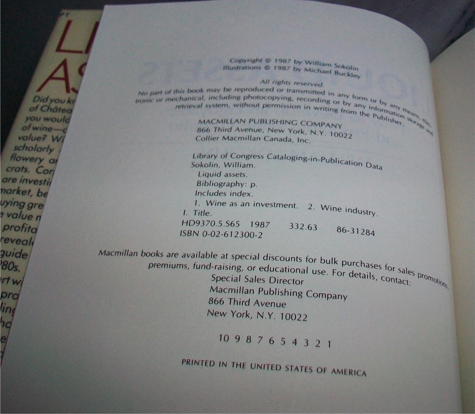 Signed & Inscrbd LIQUID ASSETS William Sokolin 1987 HC/DJ Wine Investment 1st Ed