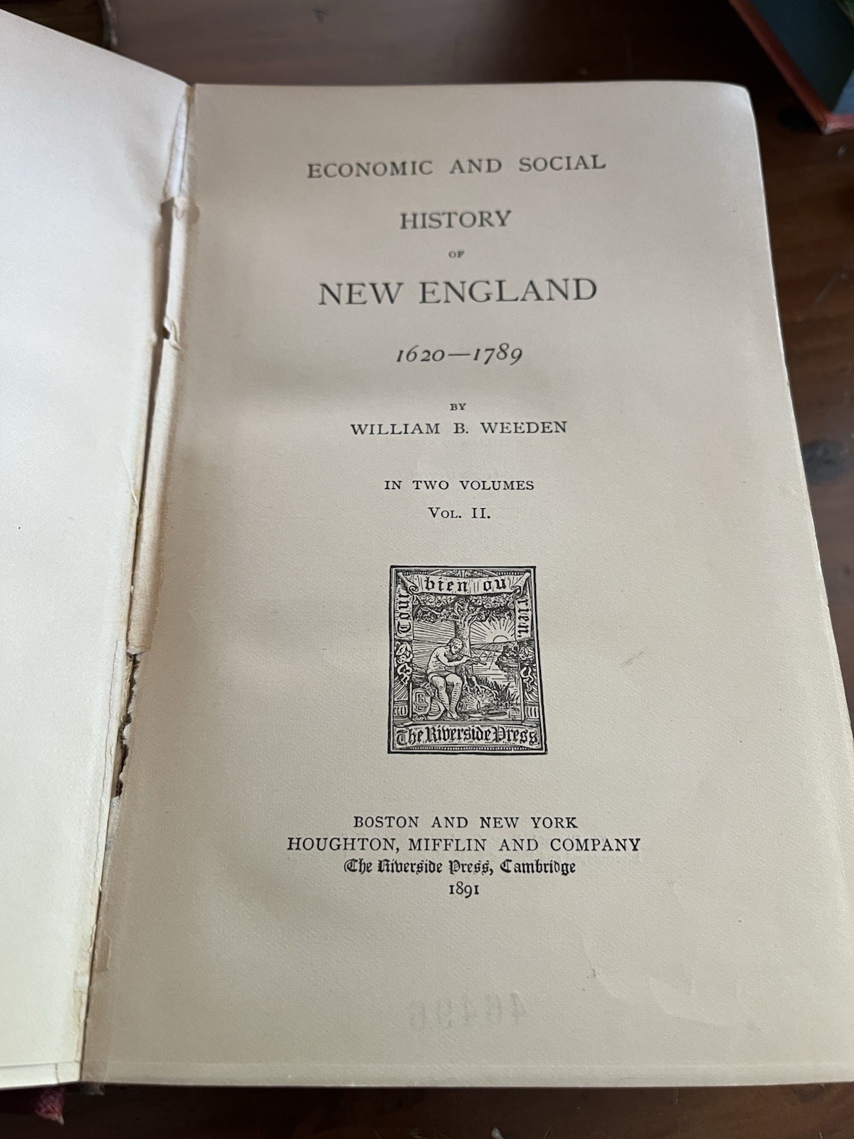 Economic & Social History of New England Vol I & II 1890 Weeden 1st Ed Set