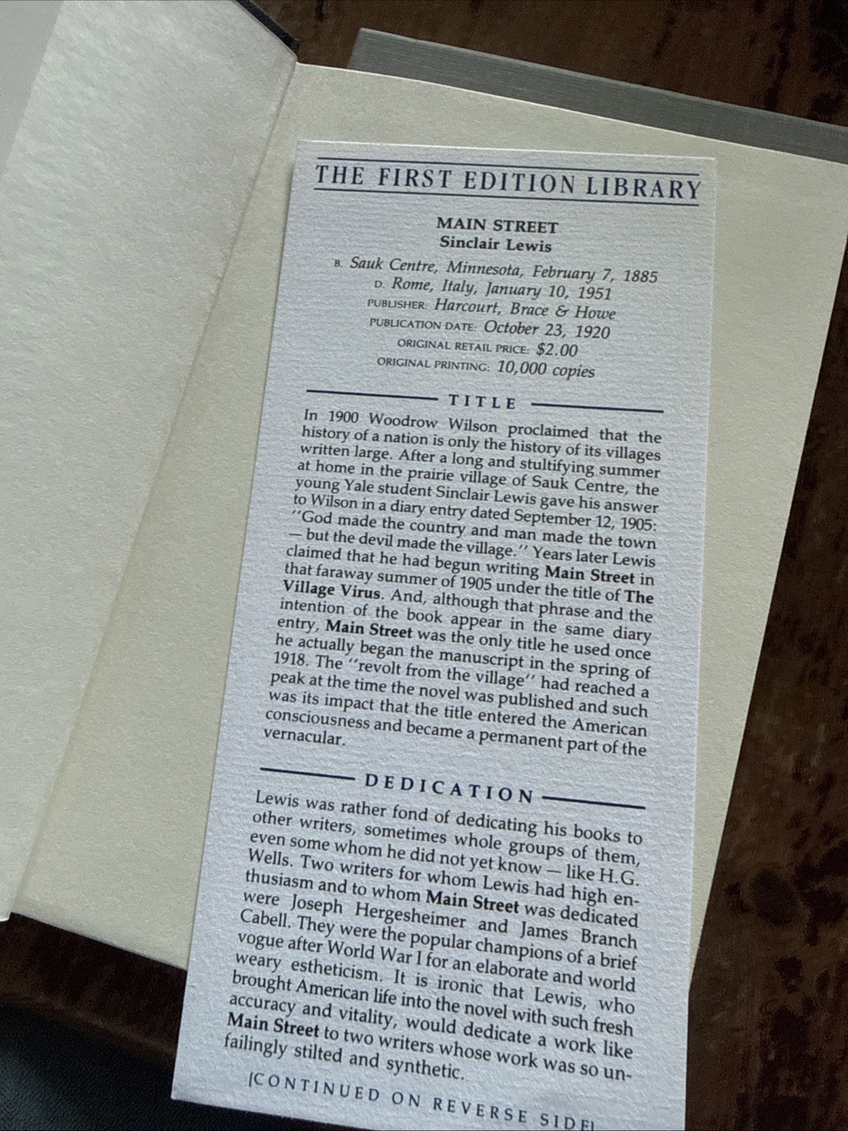 Sinclair Lewis. Main Street. First Edition Library – Gift Quality