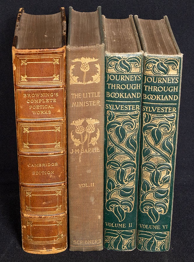 4 ANTIQUE HB BOOK LOT 1900s Illustrated Green Brown GOLD GILT Staging Decor